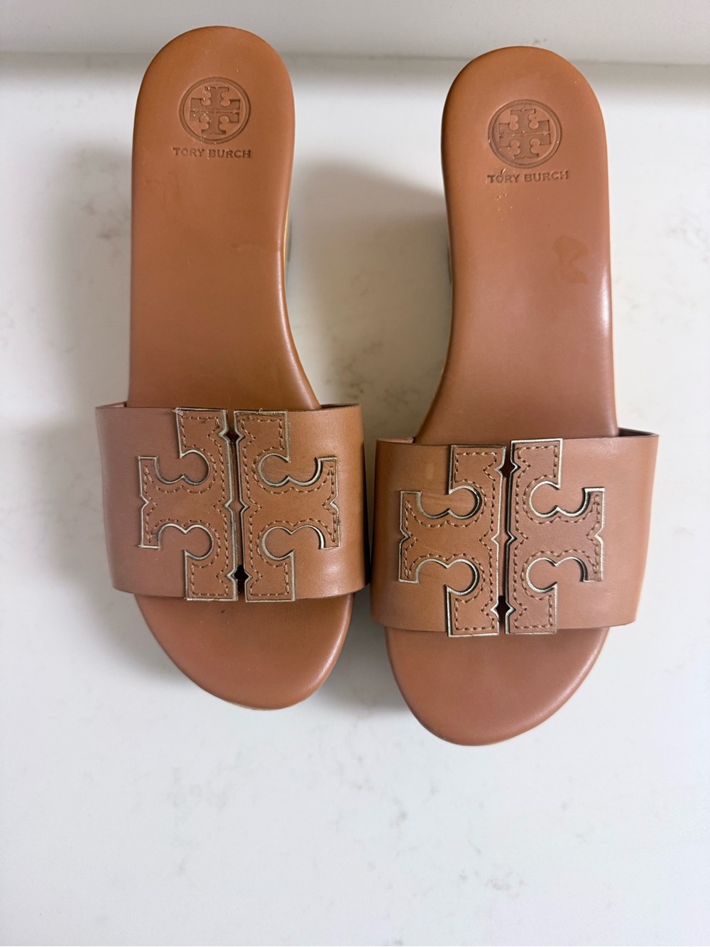 Tory Burch Cognac Leather Slide Platform Sandals with Logo Cutout